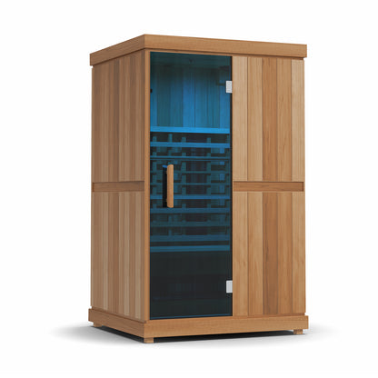 Finnmark FD-2 2-person infrared sauna, with blue interior lighting