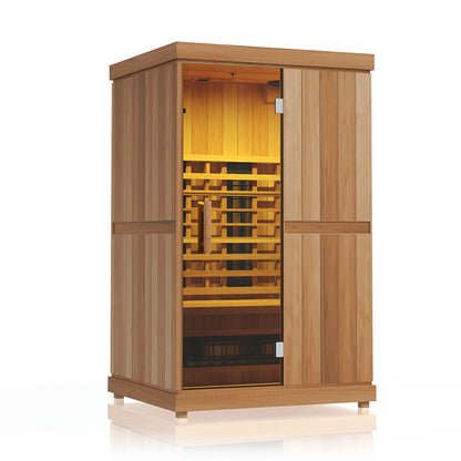 Finnmark FD-2 2-person infrared sauna, with yellow interior lighting