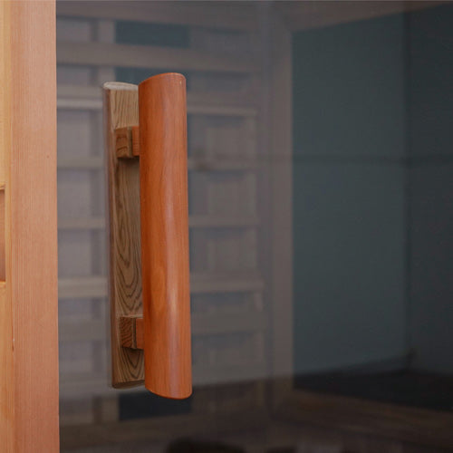 Finnmark FD-2 2-person infrared sauna, wood door handle detail