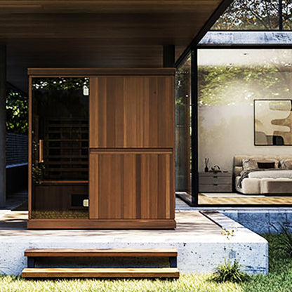 Finnmark FD-3 3-4 person infrared sauna, in a covered outdoor space