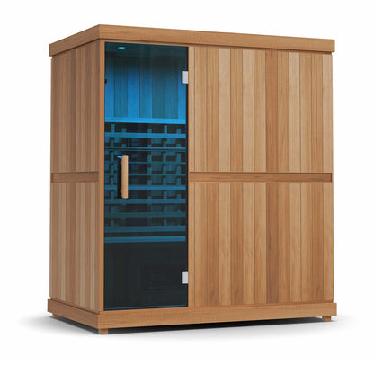 Finnmark FD-3 3-4 person infrared sauna, with blue interior lighting