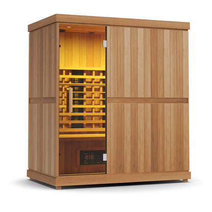 Finnmark FD-3 3-4 person infrared sauna, with yellow interior lighting