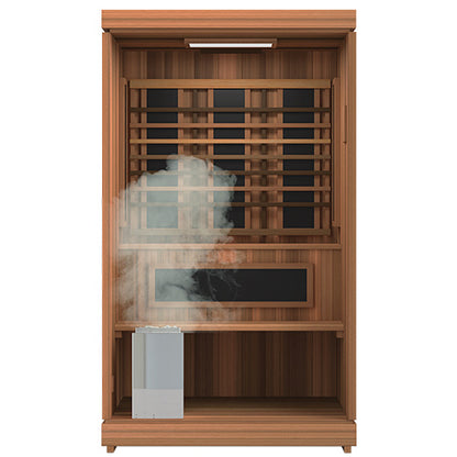 Finnmark FD-4 Trinity 2-person combination sauna, front view with traditional heater