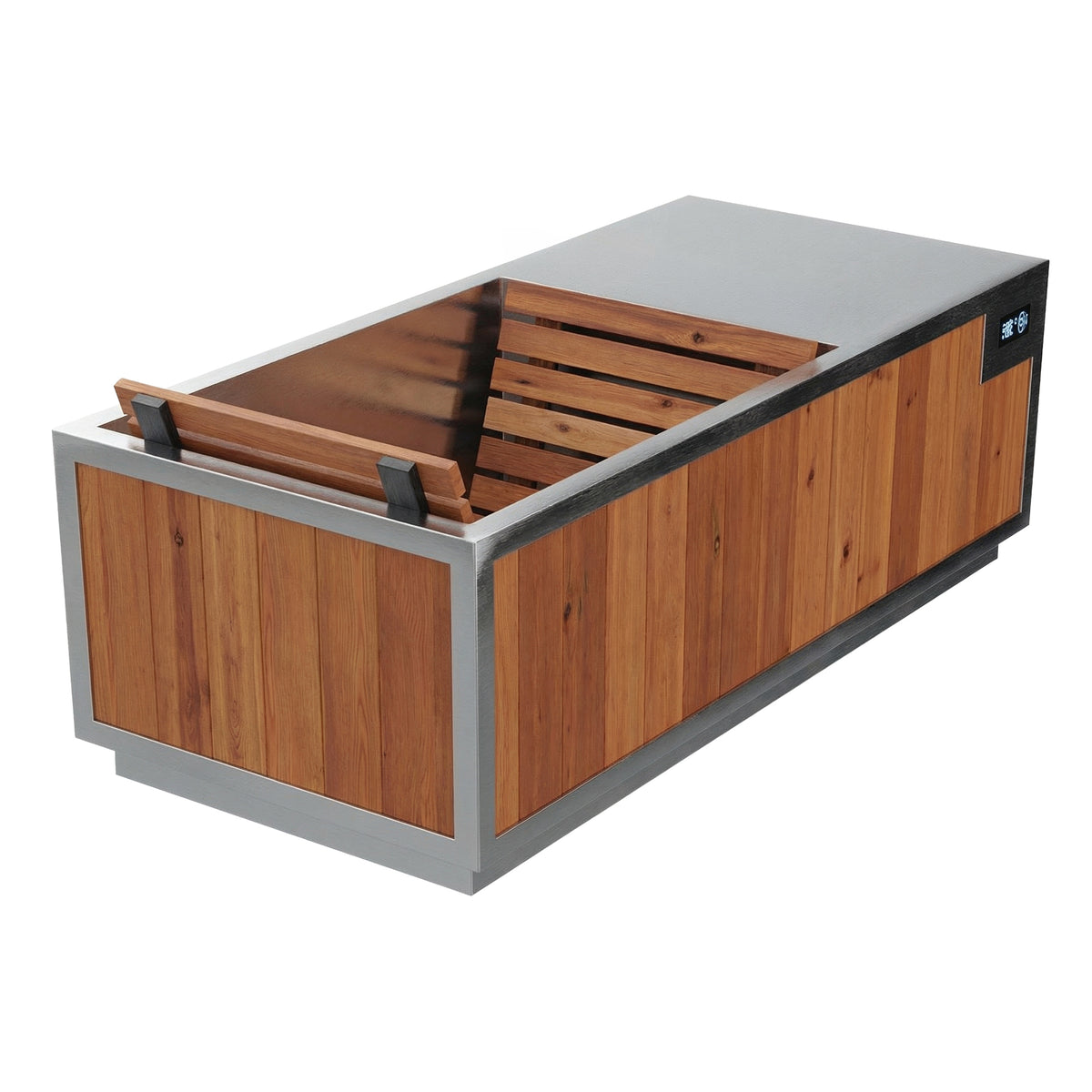 Finnmark SoulCold cold and hot plunge tub, top angle view showing cedar backrest