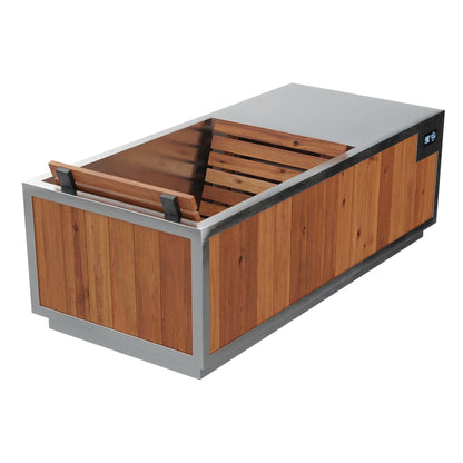 Finnmark SoulCold cold and hot plunge tub, top angle view showing cedar backrest