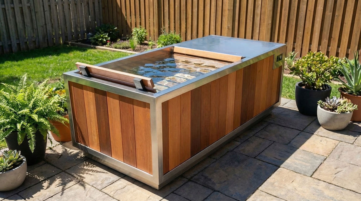 Finnmark SoulCold cold and hot plunge tub, on a backyard patio