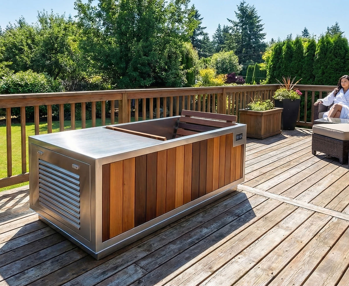 Finnmark SoulCold cold and hot plunge tub, on a wood deck