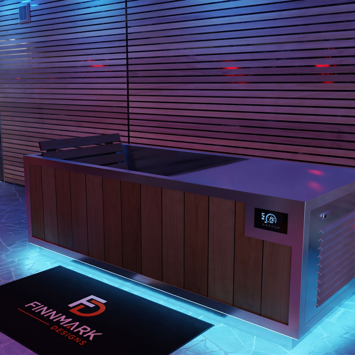 Finnmark SoulCold cold and hot plunge tub, with LED lighting at night