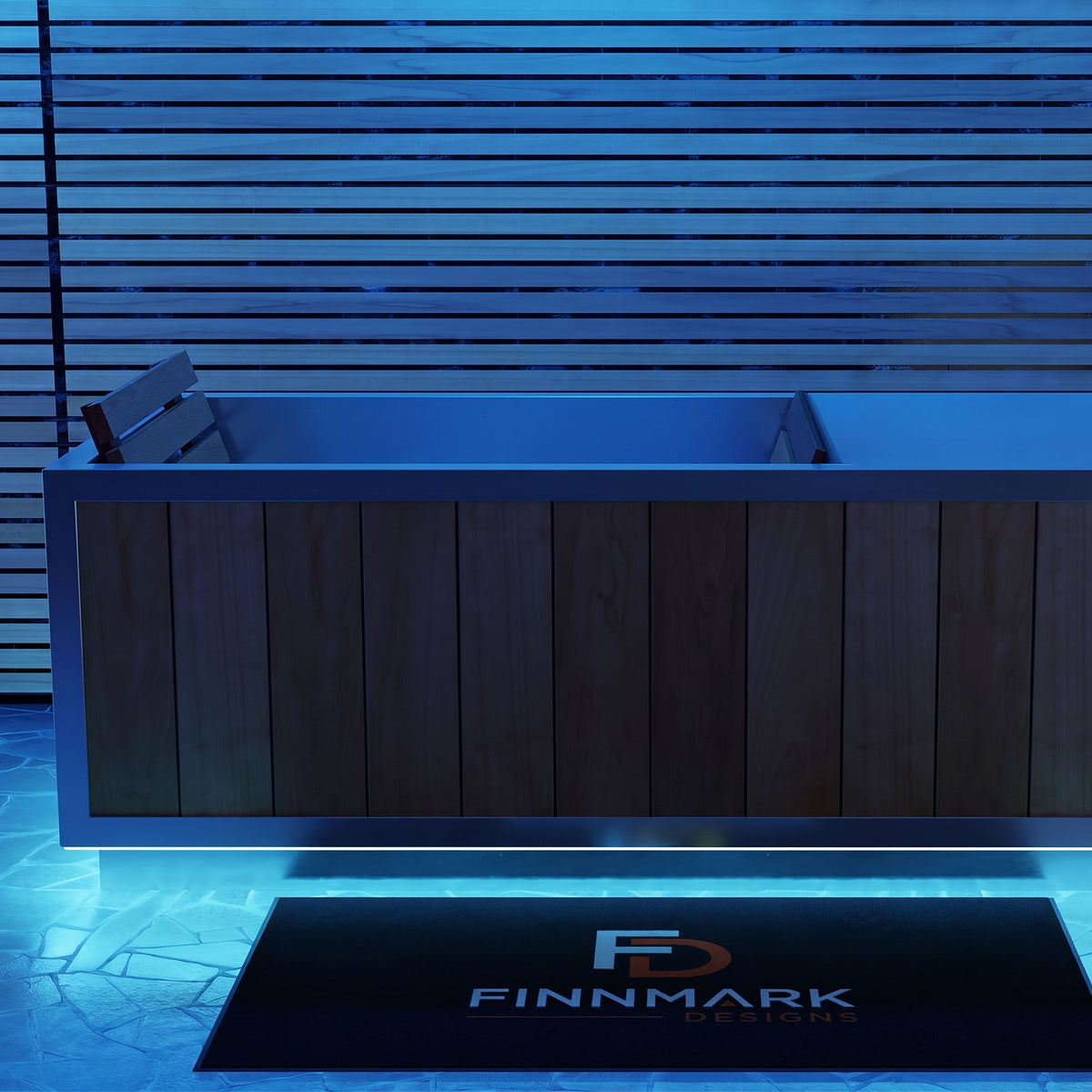 Finnmark SoulCold cold and hot plunge tub, front view with LED lighting