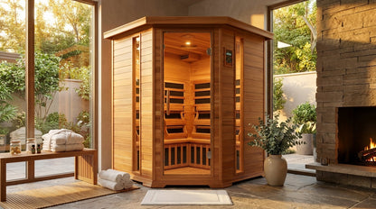 4-Person Cedar Corner Infrared Sauna — Lifestyle
